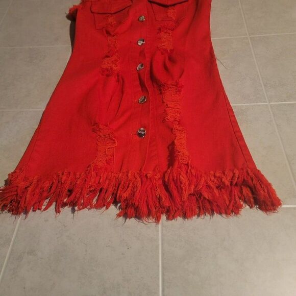 Aroma  Womens Red Sleeveless Pockets Button Fringe Jeans Vest Dress Size Small - Picture 3 of 7